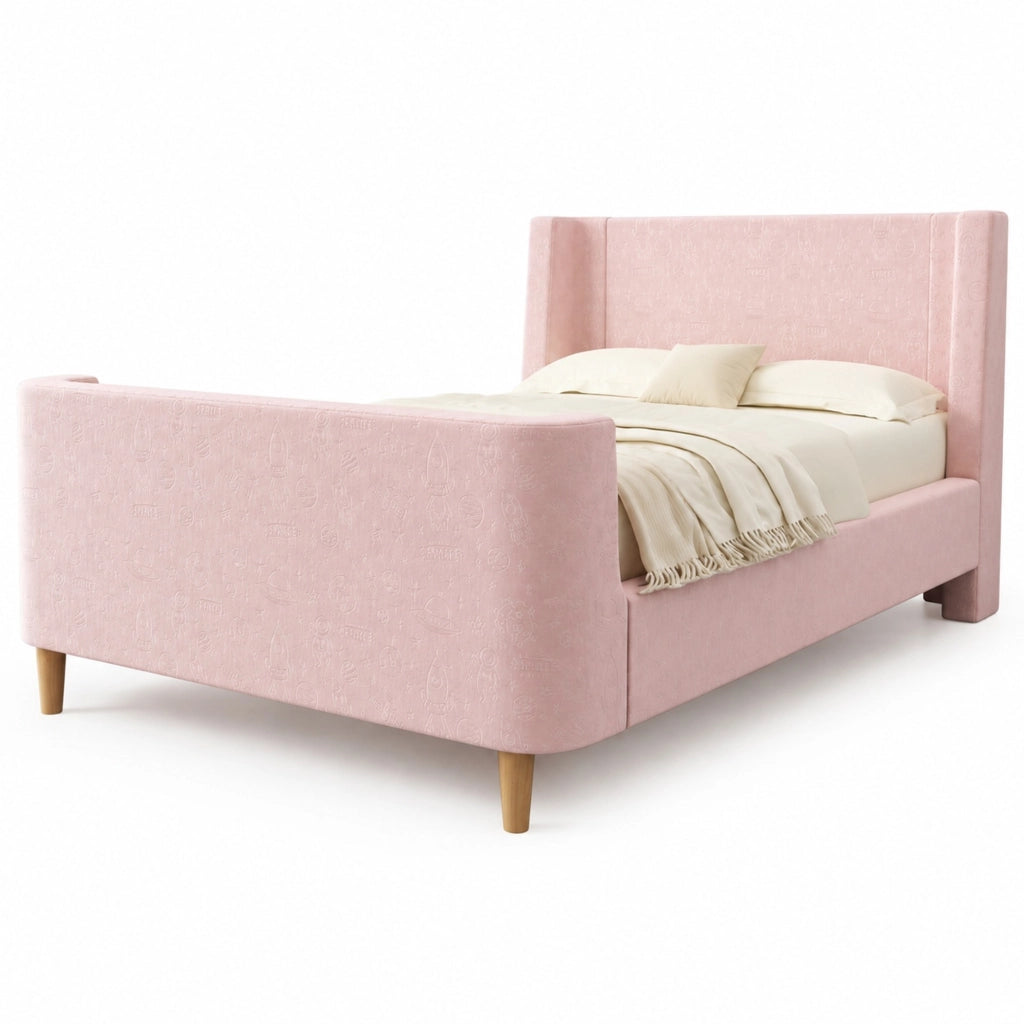 Letto singolo per bambini 90x200 cm in velluto, letto a slitta con motivo spaziale, rosa
