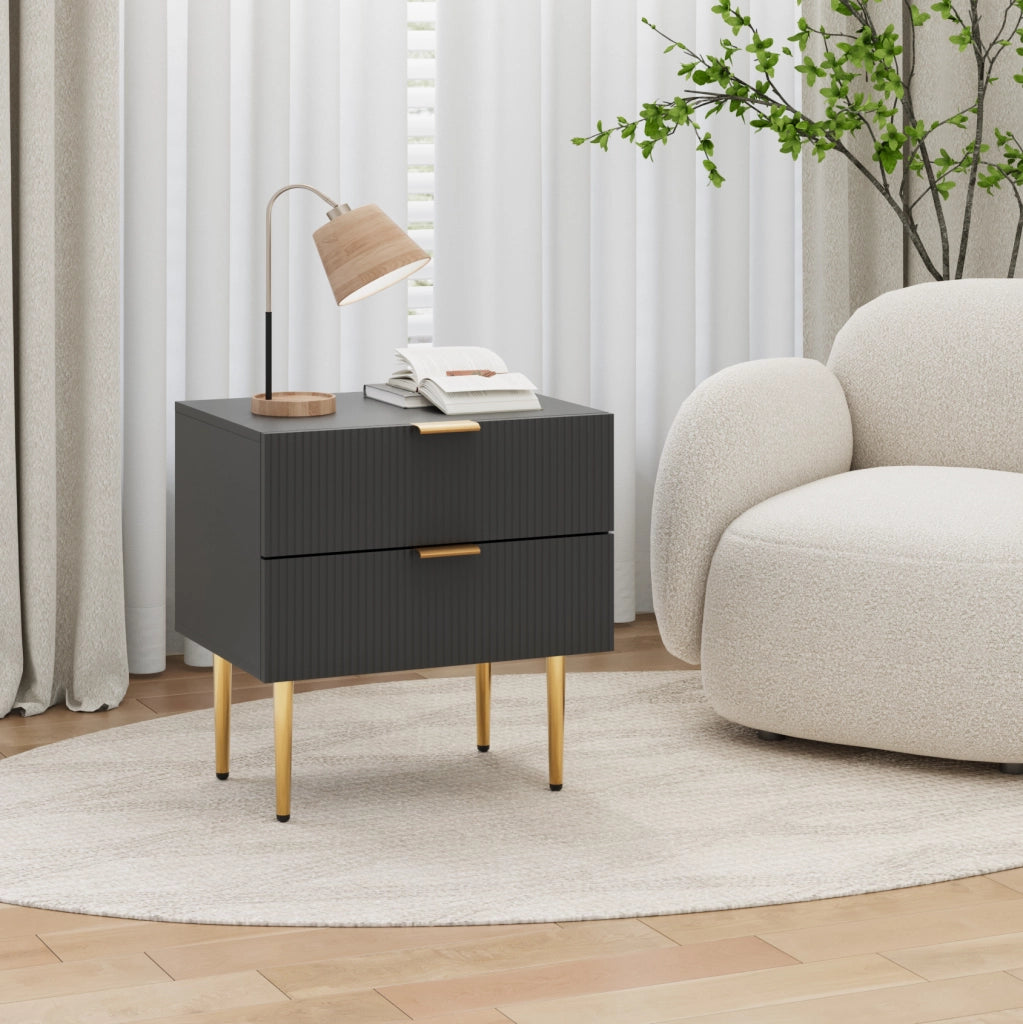 Comodino nero 53 x 41,5 cm in MDF e metallo, 2 cassetti scanalati