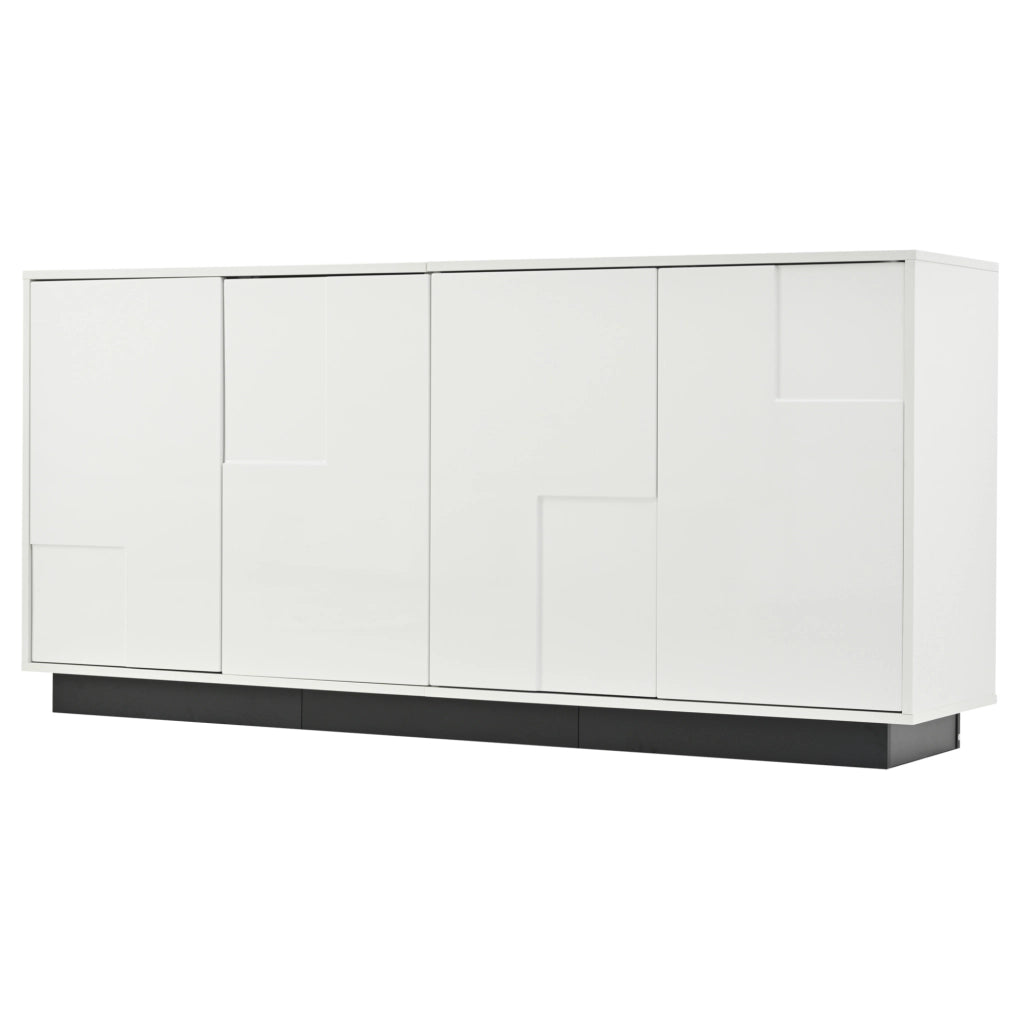 Credenza 160x37x75.5 cm con 4 ante geometriche lucide e push to open in truciolare bianco e nero