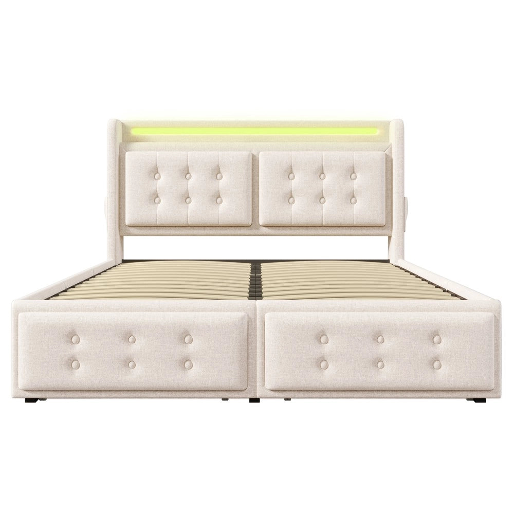 Letto imbottito matrimoniale con testiera LED cassetti ¨C Minimal ¨C beige tessuto 160x200 cm
