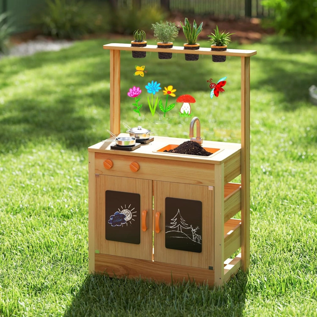 Cucina Giocattolo per Giardino con Lavagna Acrilica per Dipingere, Cucina in Legno di Abete per Bambini con 4 Vasi da Giardinaggio, Set Cucina con Accessori, 68 x 34 x 93 cm