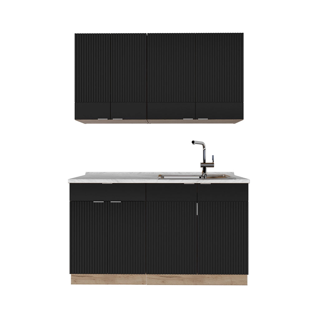 Cucina completa Fame-Line Nero rigato/Rovere dorato 140 cm, PL Marmo Vicco