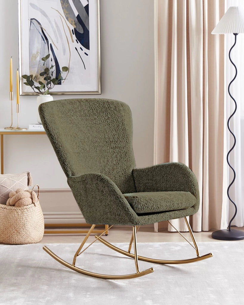 Sedia a dondolo in tessuto poliestere boucle verde scuro Rivestimento in metallo Gambe a pattini Design tradizionale e retrò