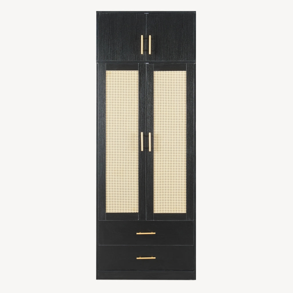 Armadio da Guardaroba Larundi con 4 Ante e 2 Cassetti 216 x 80 x 52 cm - Nero/Effetto Rattan [en.casa]