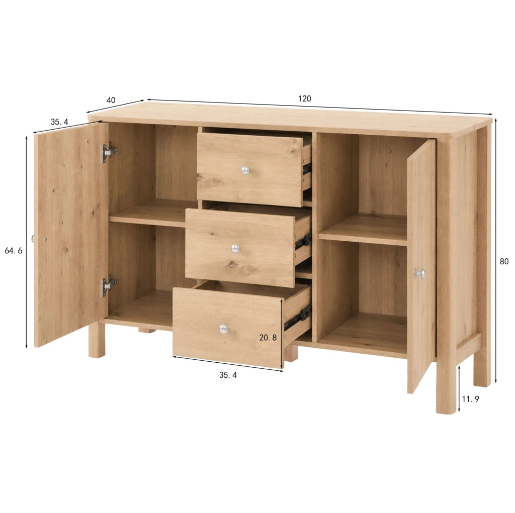 Credenza 120x40x80 cm con 3 cassetti e 2 ante in truciolare naturale