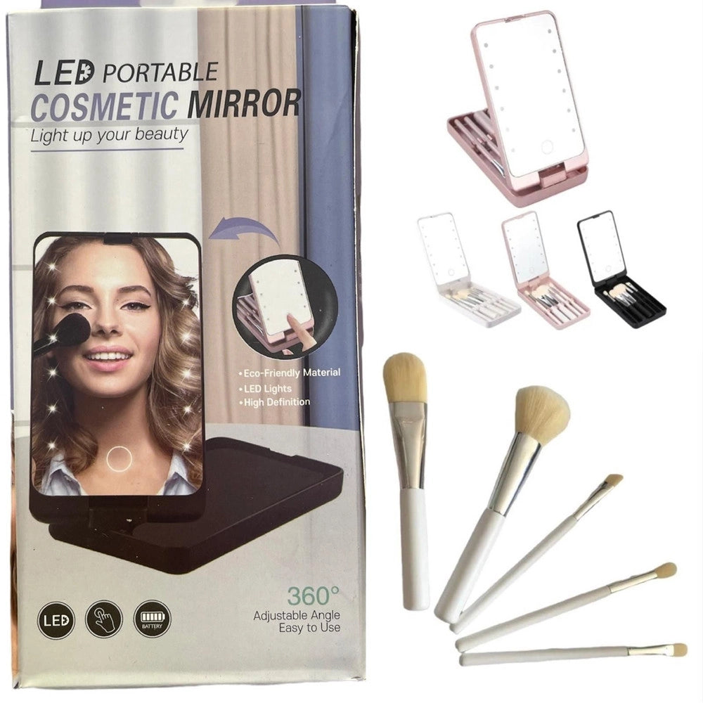 Trade Shop - Specchio Per Trucco Portatile Con Set Pennelli Rotazione 360° Luci Led Ricaricabile Touch -