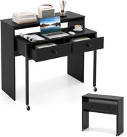 Scrivania per computer con piano estensibile, 100 x 63 x 88 cm, 2 cassetti e ripiano aperto, design compatto con ruote, tavolo da lavoro per camera da letto, ufficio (nero)