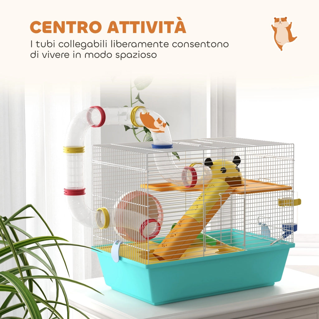 Casetta per Criceti con Ruota, Ciotola e Rampe ¨C zephmum ¨C 45x28x37 cm Bianco Azzurro