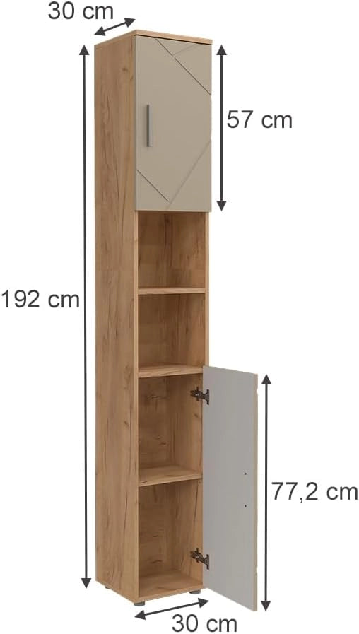 Armadio per il bagno Irma, Beige, 30 x 192 cm, adatto per la conservazione di articoli da bagno e asciugamani