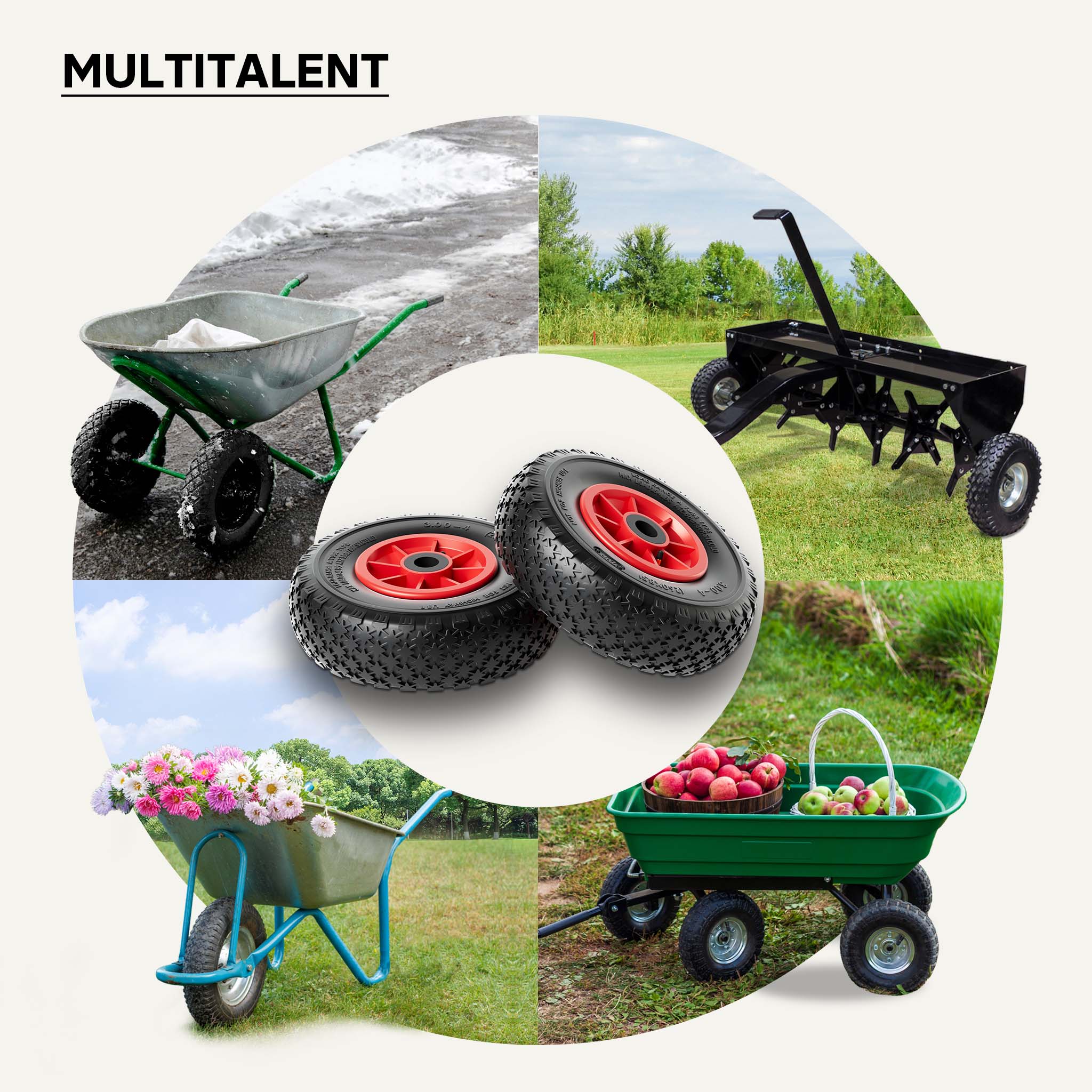 Set 4 ruote complete 3.00-4 HT2046 per carrelli a mano carriole portasacchi