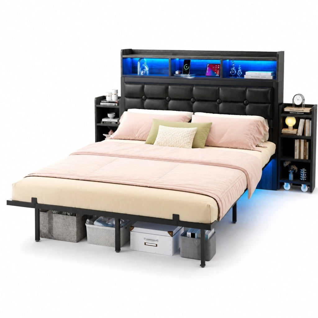Letto Matrimoniale 140x190 cm; 2 Posti; LED; USB; Type-C e Tavolini Estraibili