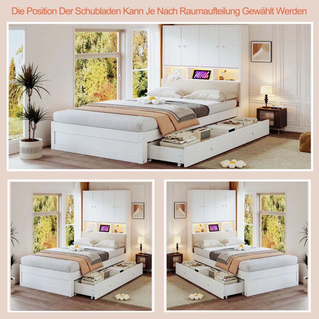 Letto singolo per bambini 90x200 cm con testiera imbottita; vani; LED; presa elettrica; cassetto e rete; legno bianco
