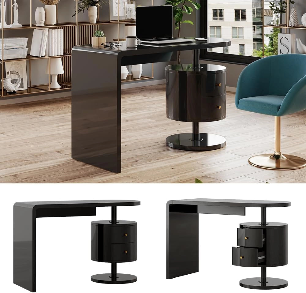 Scrivania Lara, Nero lucido, 120 x 50 cm con 2 conducenti, adatto per postazioni di lavoro al computer e applicazioni home office