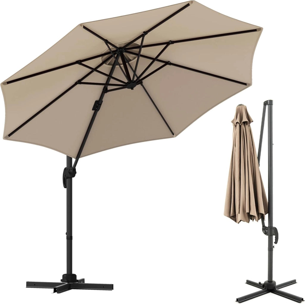 Ombrellone da Giardino 3m a 360° con 5 Angoli di Inclinazione Regolabili, Ombrellone Parasole da Balcone con Base a Croce, 8 Osse e Manovella, per Patio, Spiaggia, Piscina