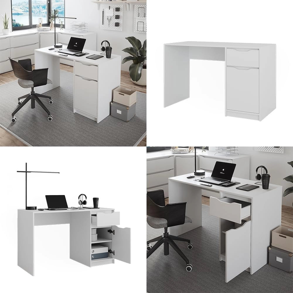 Scrivania Ruben, Bianco, 120 x 55 cm con cassetto, combinabile con altri mobili della serie Ruben