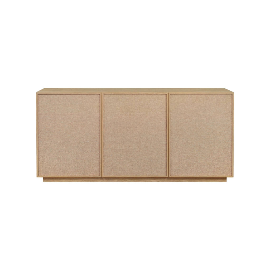 Credenza decorativa in legno e tessuto 3 ante 160 cm, marrone naturale