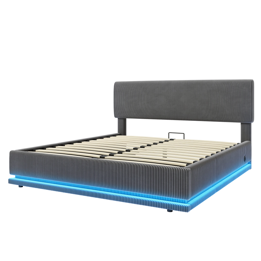 Letto imbottito con LED USB regolabile 160x200 cm velluto a coste grigio scuro