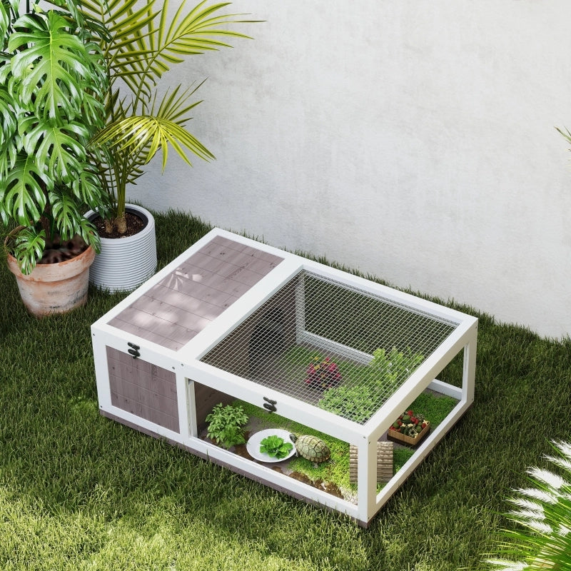Casetta/recinto in legno per tartarughe con casetta principale e coperchio incernierato, 91x60,5x32 cm, marrone