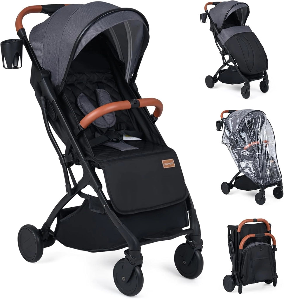 Passeggino Leggero per Neonati con Tettuccio, Schienale e Poggiapiedi Reclinabili, Passeggino Pieghevole con Portabicchieri, Cestello Portaoggetti, per Bambini 0-3 Anni (Nero)