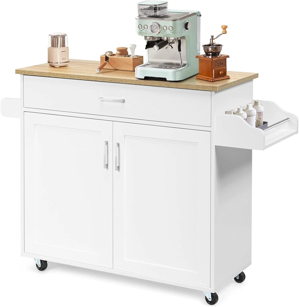Carrello da Cucina in Legno con Cassetto su Ruote, Armadio da Cucina con Piano di Lavoro, Carrello da Cucina in Stile Rustico, Bianco