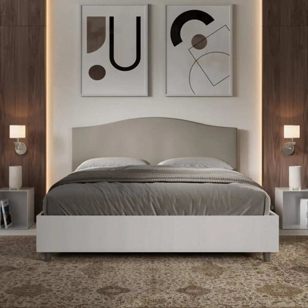 Letto matrimoniale con rete 160x200 bianco frassino testata similpelle tortora Grace