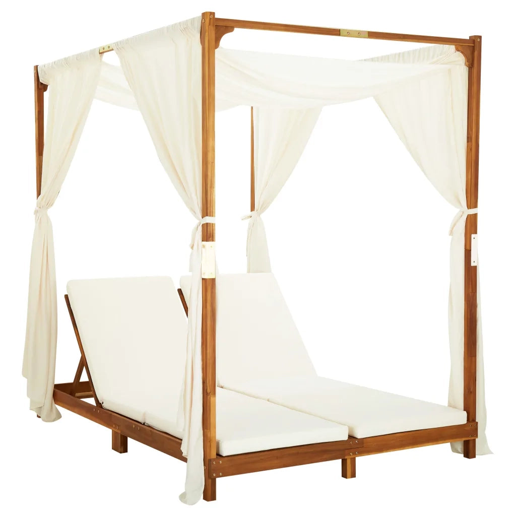 Lettino Prendisole Doppio con Tende e Cuscini in Legno Acacia cod mxl 41584