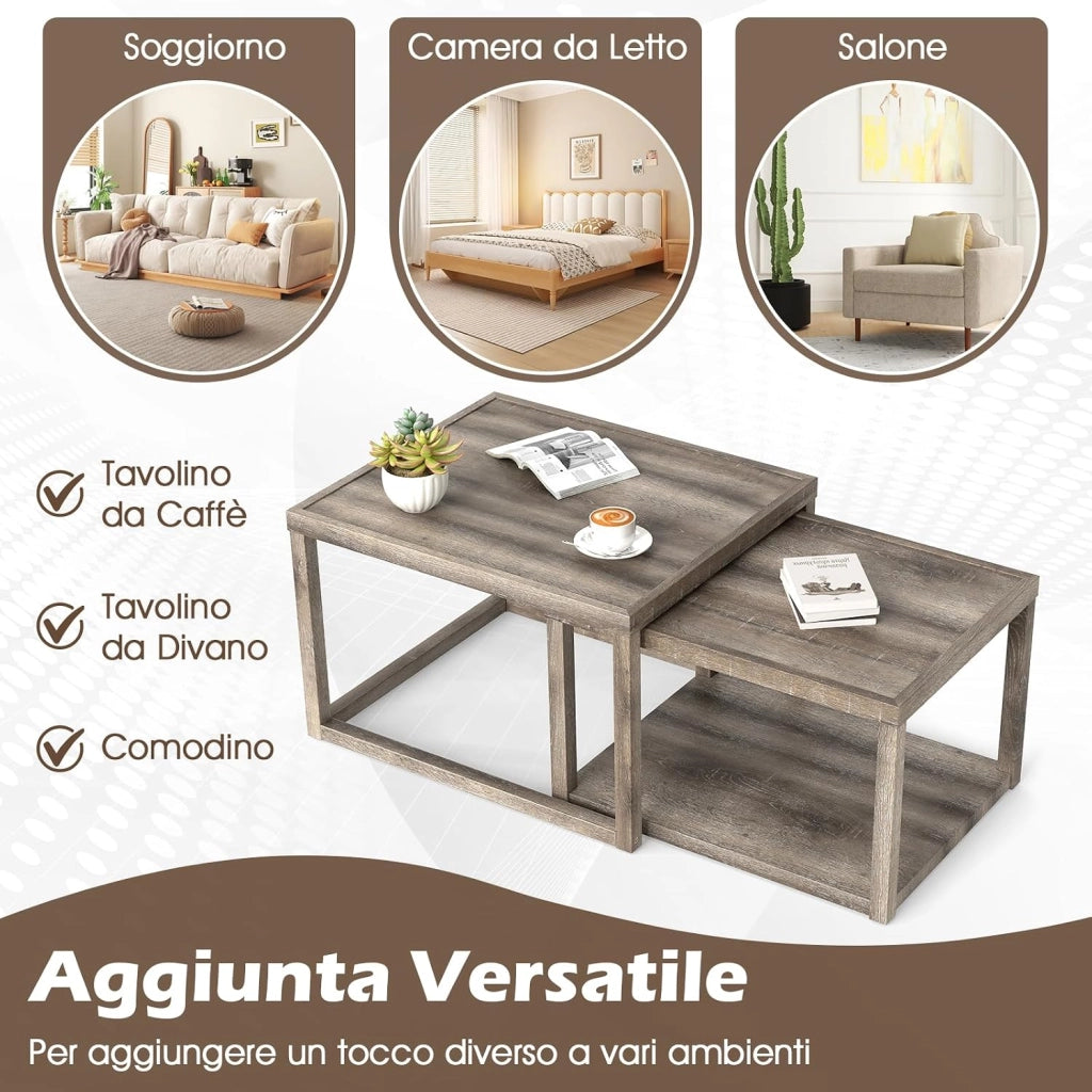 Set di 2 Tavolini Impilabili da Salotto con Ripiano e Struttura in Legno di Gomma, Tavolini Sovrapponibili con Stile Rustico per Soggiorno, Sala d'Attesa e Ufficio, Grigio