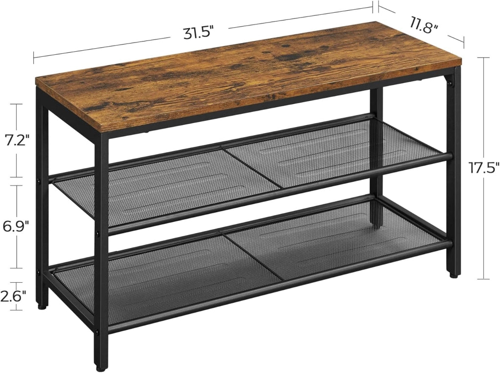 VASAGLE Panca Scarpe, 80 x 30 x 44,5 cm, scarpiera a 2 livelli in rete, portaoggetti Scarpe, per ingresso, metallo, stile industriale, marrone rustico e nero LBS74X