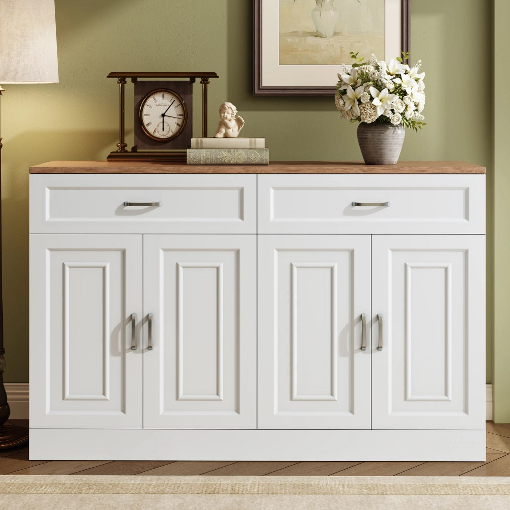 Credenza con 4 Ante; 2 Cassetti e Ripiani Regolabili; Stile Moderno; in Pannelli di Truciolare; Bianco; 120??35??80;5 cm