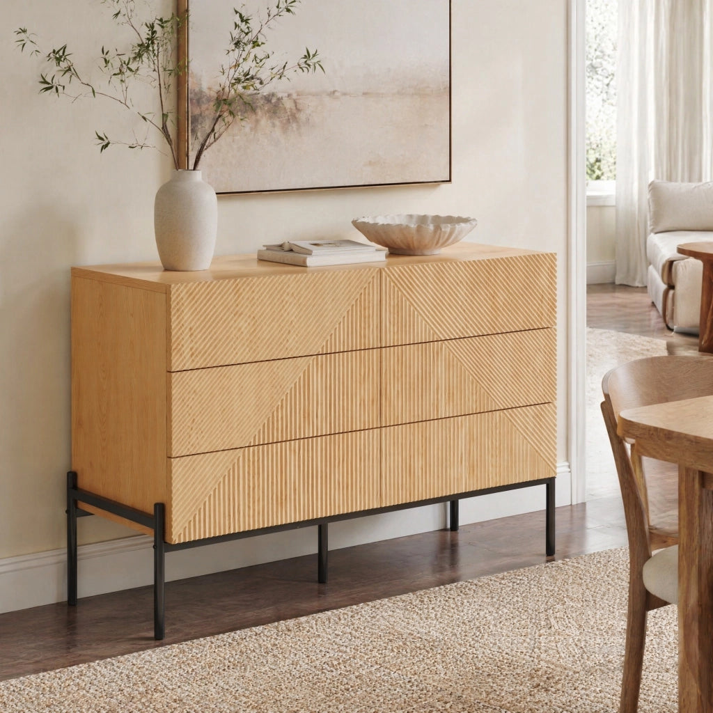 MADIA 115,5x38x75 cm MDF Naturale 6 Cassetti con Gambe in Ferro