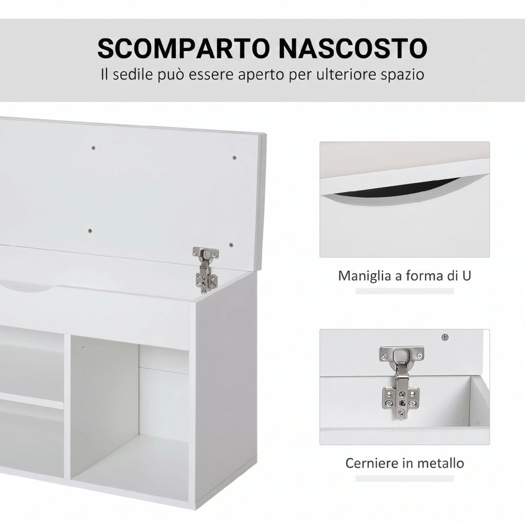 Panca Scarpiera 80x30x47 cm Salvaspazio con Sedile Imbottito Ribaltabile da Ingresso in Legno Bianco