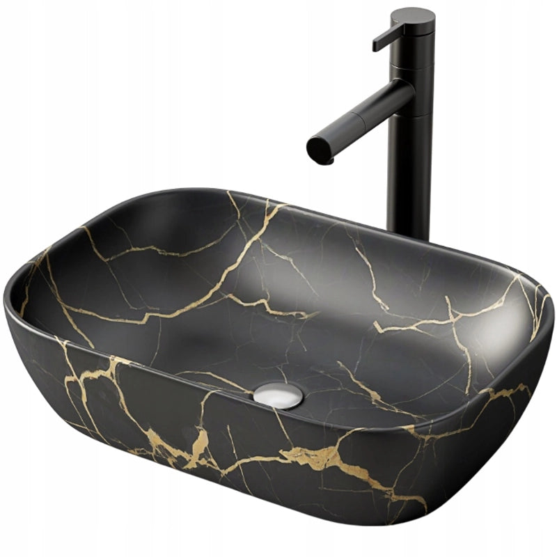 LAVABO DA APPOGGIO NERO OPACO MARMO CON VENE OVAL CERAMICA 46,5x33 CM