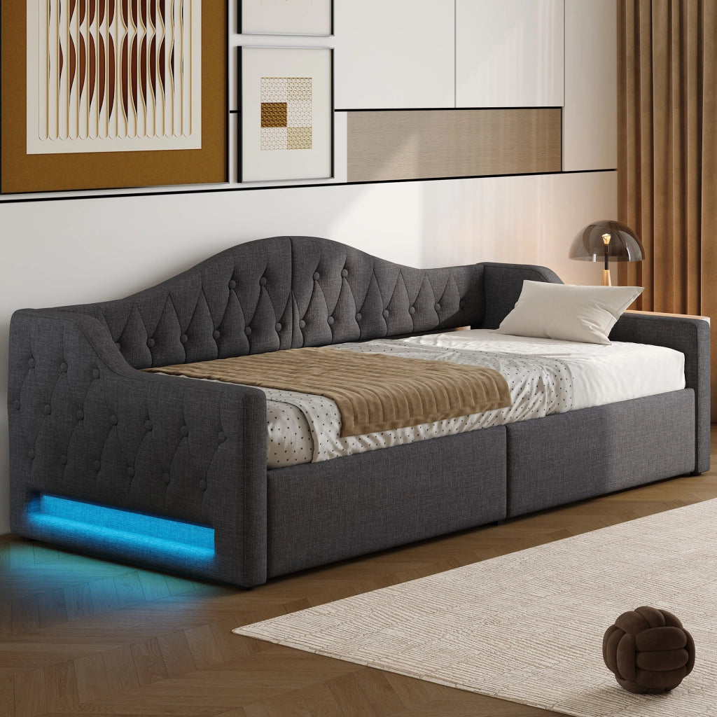 Letto a Divanetto 90x200 cm; Contenitore; LED; in MDF e Compensato; Grigio