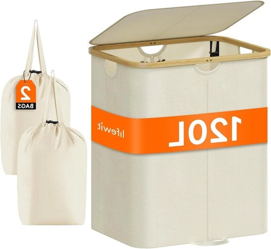 Cestino per Lavanderia 120L con Coperchio, Maniglie in Bambù e Sacchetto Rimovibile - Pieghevole per Camera da Letto, Bagno, Dormitorio - Beige