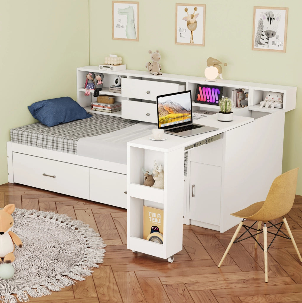 Letto singolo 90x200 cm con scrivania estraibile; cassetti e USB; bianco