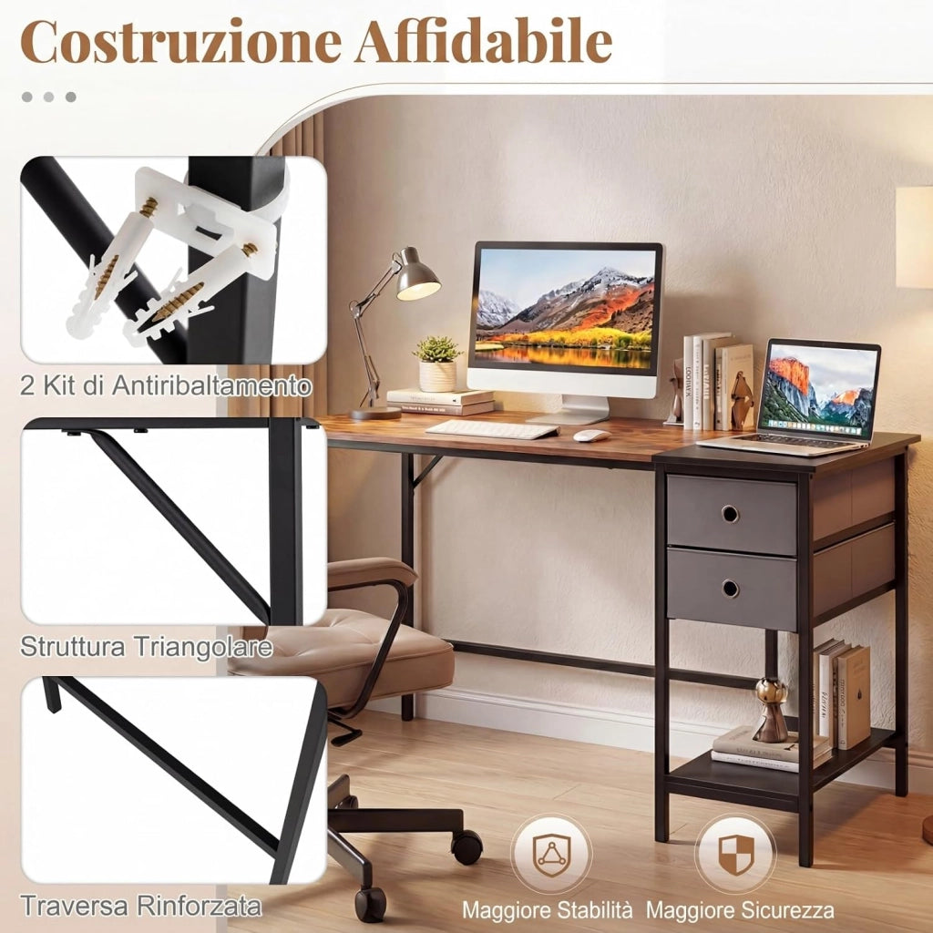 Scrivania per Computer, 120 x 60 x 75 cm, Scrivania Ufficio con 2 Cassetti e Ripiano, Tavolo Postazione di Lavoro, Studio e Lettura, Scrittoio Salvasapzio in Legno e Metallo (Marrone)
