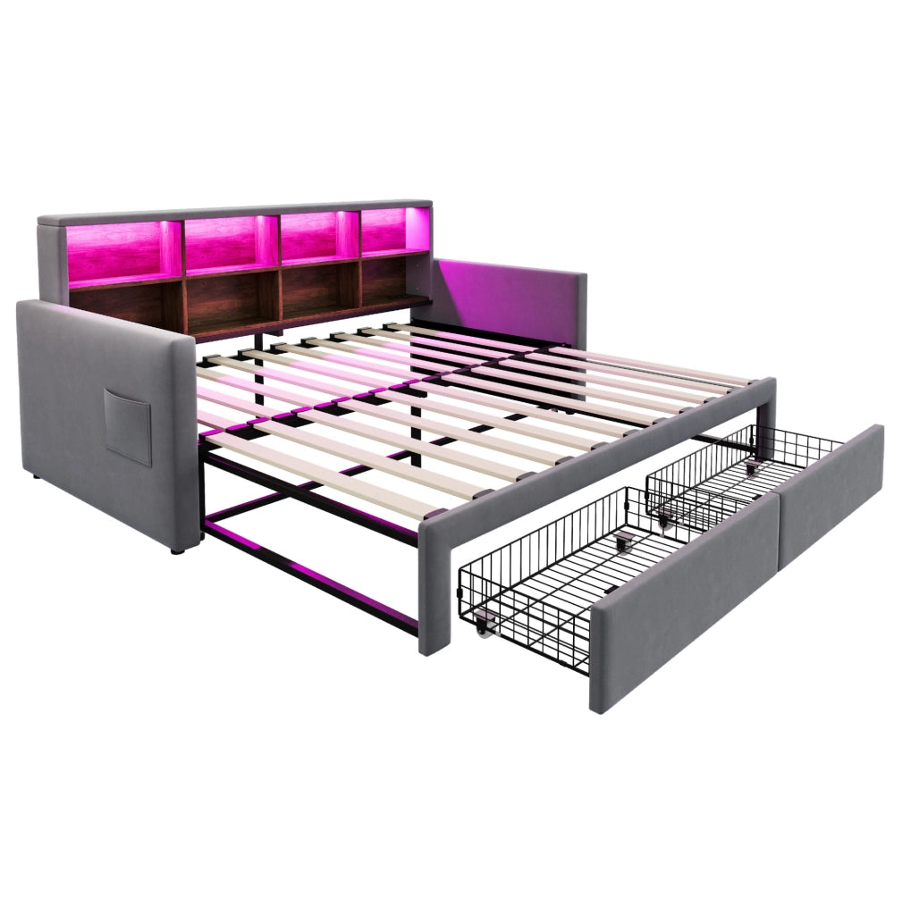 Letto imbottito estraibile 90x190 cm con contenitori, LED e prese