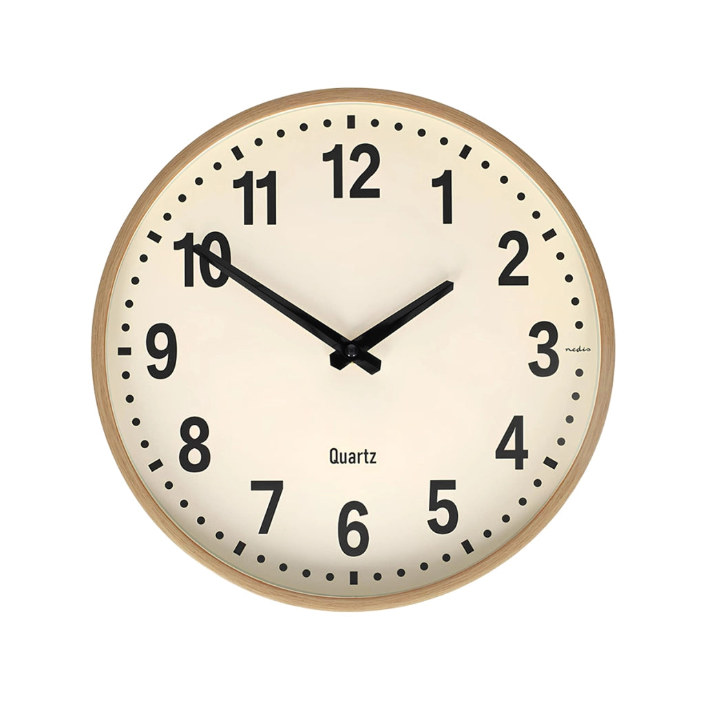 Orologio da Parete Silenzioso 30 cm Effetto Legno Grandi Numeri Facile da Leggere Beige Nedis