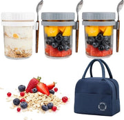 Set di Overnight Oats, contenitore di avena in vetro riciclabile con tasca, coperchio e cucchiaio, contenitore di yogurt a tenuta di aria, grande capacità