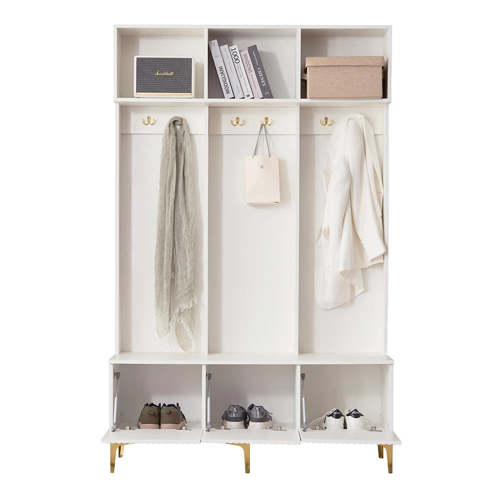 Vestiaire con panchina - Xylo - L120xP235xH1915 - Bianco - 6 ganci, gambe dorate, multifunzionale