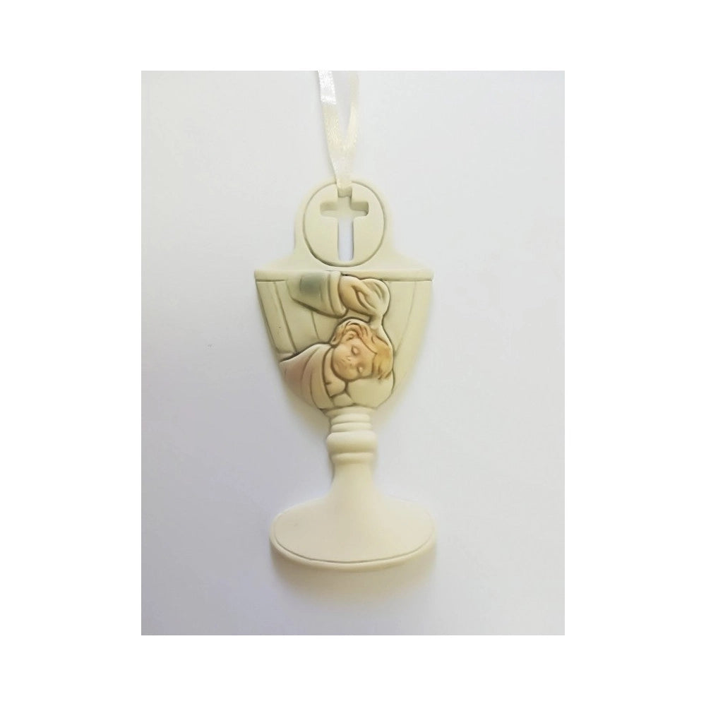 Trade Shop - Set 12 Bomboniere Battesimo Bambina Calice Acqua Santa Bianco Ceramica Appendino -