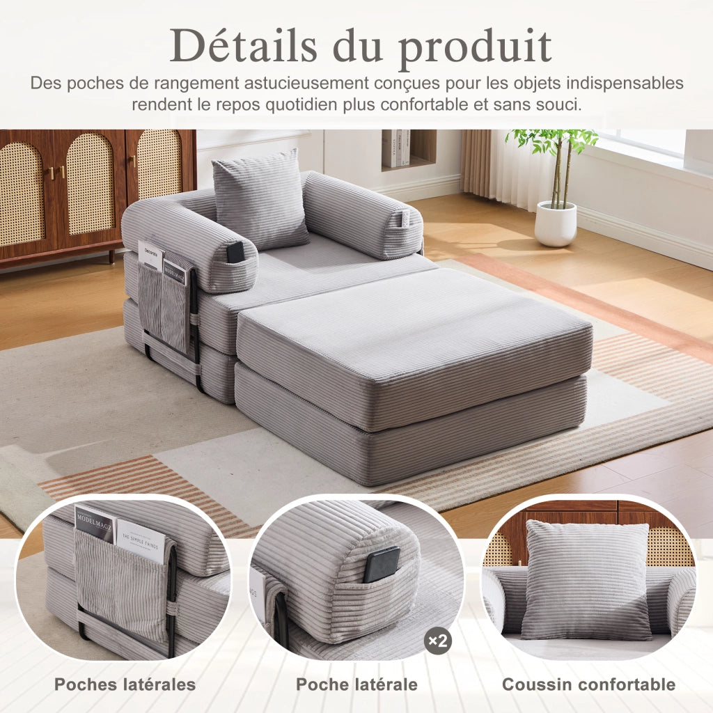 Divano modulare con cuscino e tasca laterale, design ergonomico per soggiorno, in velluto a coste grigio chiaro