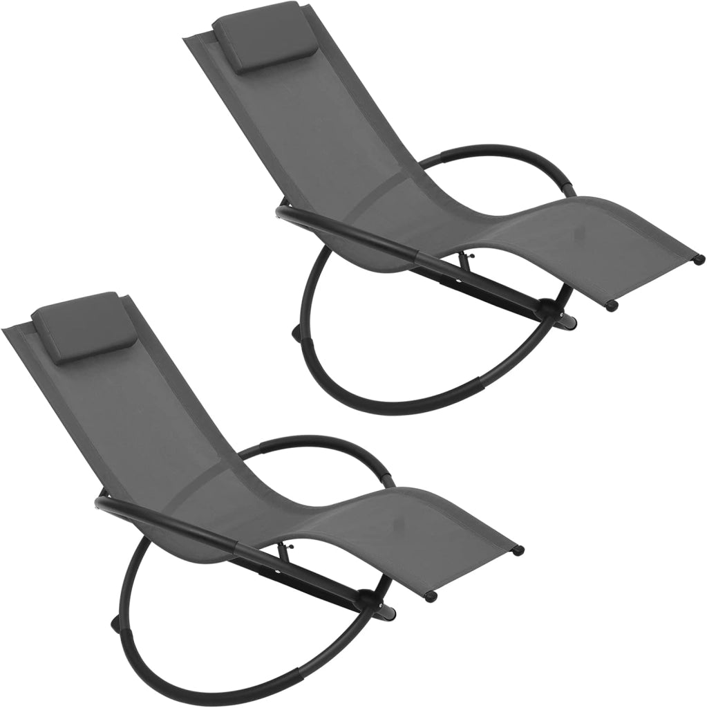 Set di 2 Sedia Sdraio a Dondolo Relax Poltrona Swing Traspirante da Balcone Campeggio Lettino con Braccioli e Poggiatesta, Grigio, LS002gr-2