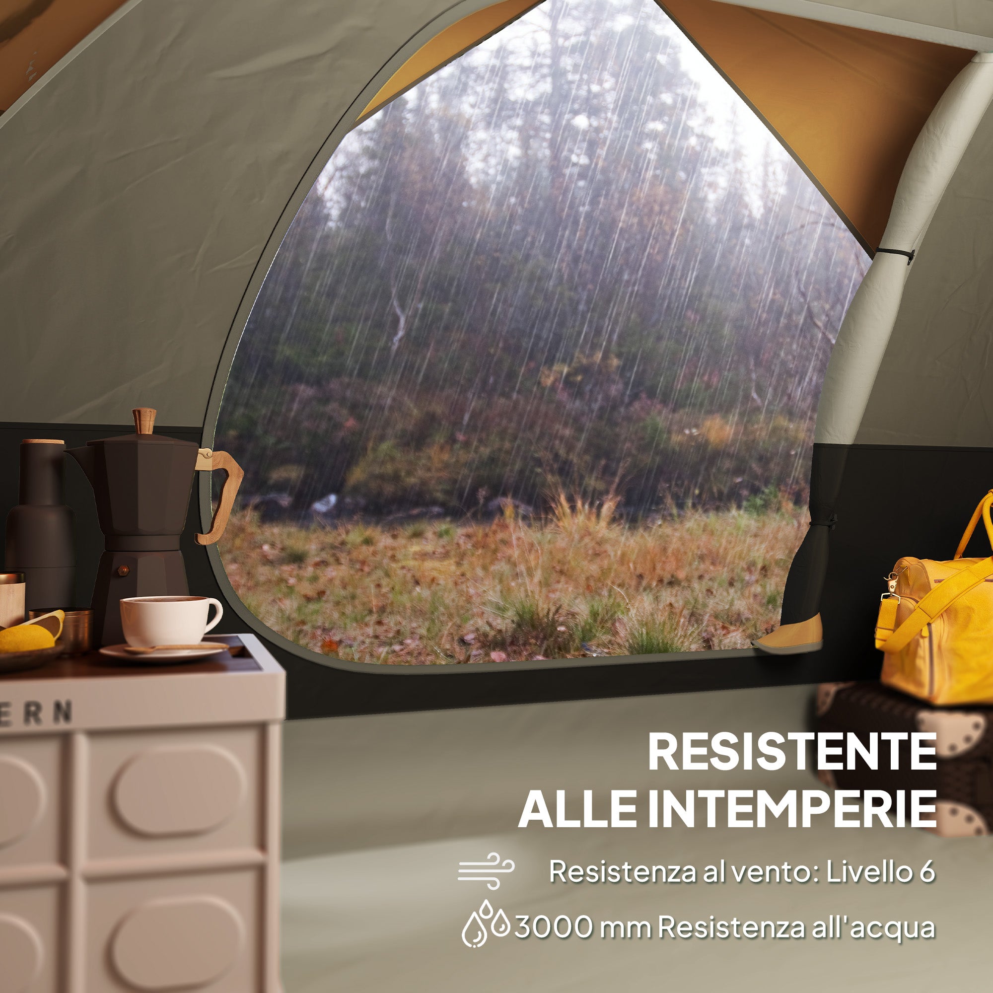 Tenda da Campeggio per 3 Persone Impermeabile 205x275x135H cm con Tasche e Gancio per Lanterna Arancione