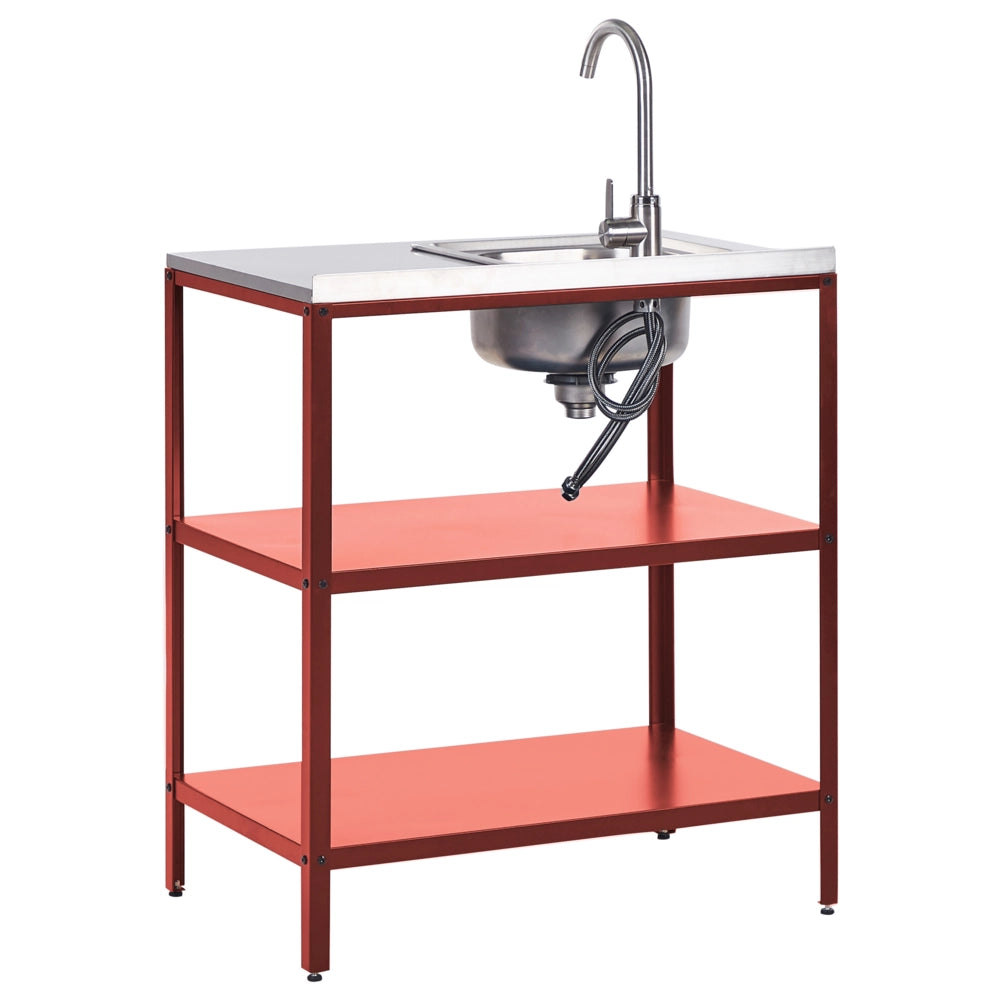 Isola da cucina da esterno con lavello Rosso Acciaio inossidabile 80 x 50 x 92 cm Rubinetto monocomando 2 ripiani Piano da cucina da giardino