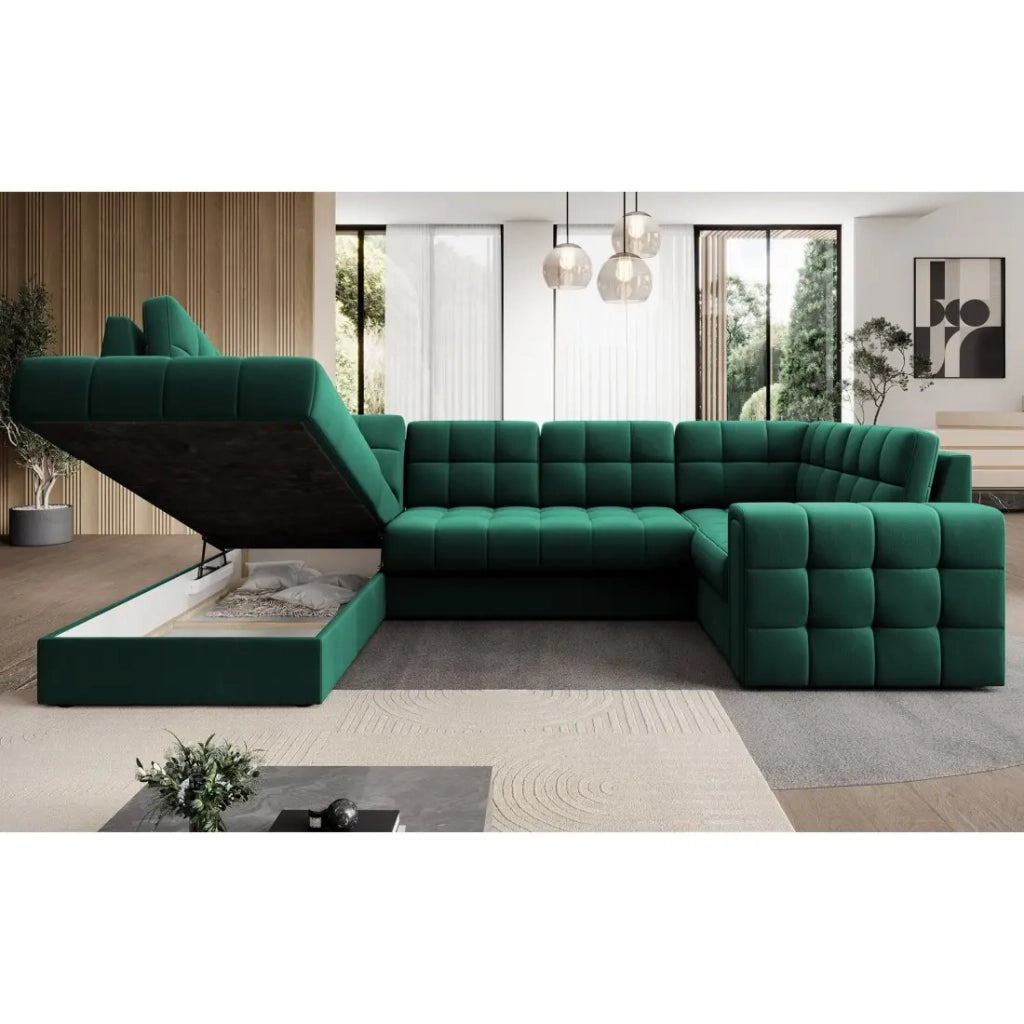 Divano ad angolo convertibile MONTEZA verde sinistro 299 cm con vano contenitore e letto
