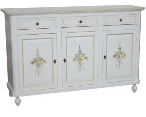 Credenza base napoletana in legno Shabby chic 3 ante bianca decorata filo verde