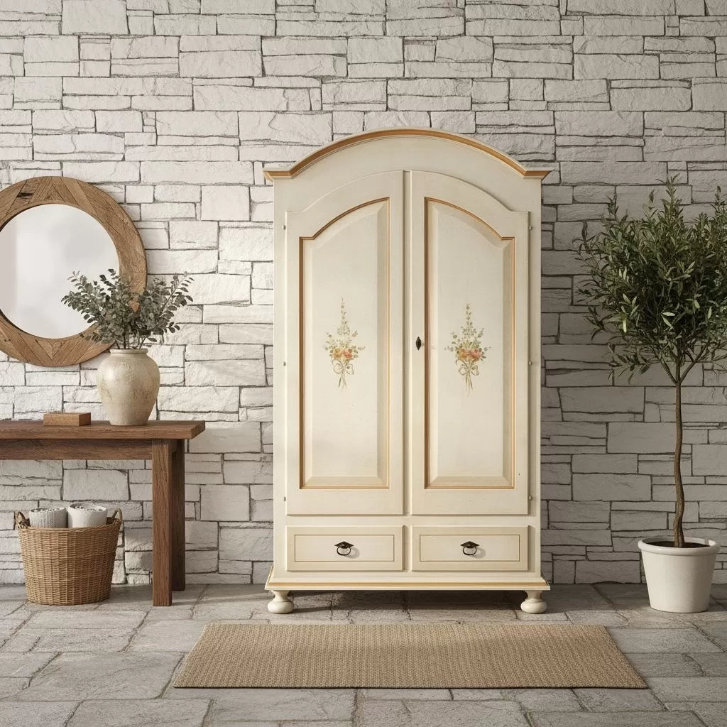 Armadio arte povera 2 ante legno shabby bianco e ocra 125x61x200 (1312) - Mobili 2G