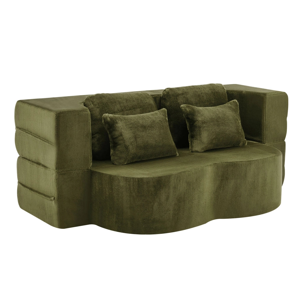 Divano letto 2 in 1; futon pieghevole; 4 cuscini; tessuto peluche; schiuma e molle; verde