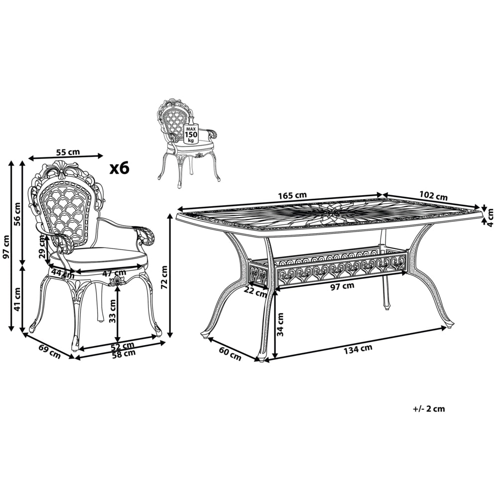 Set da pranzo da giardino Tavolo da esterno in alluminio marrone 6 sedie vintage